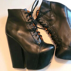 JEFFREY CAMPBELL FREDA black leather platform goth grunge Bratz Doll booties 8
